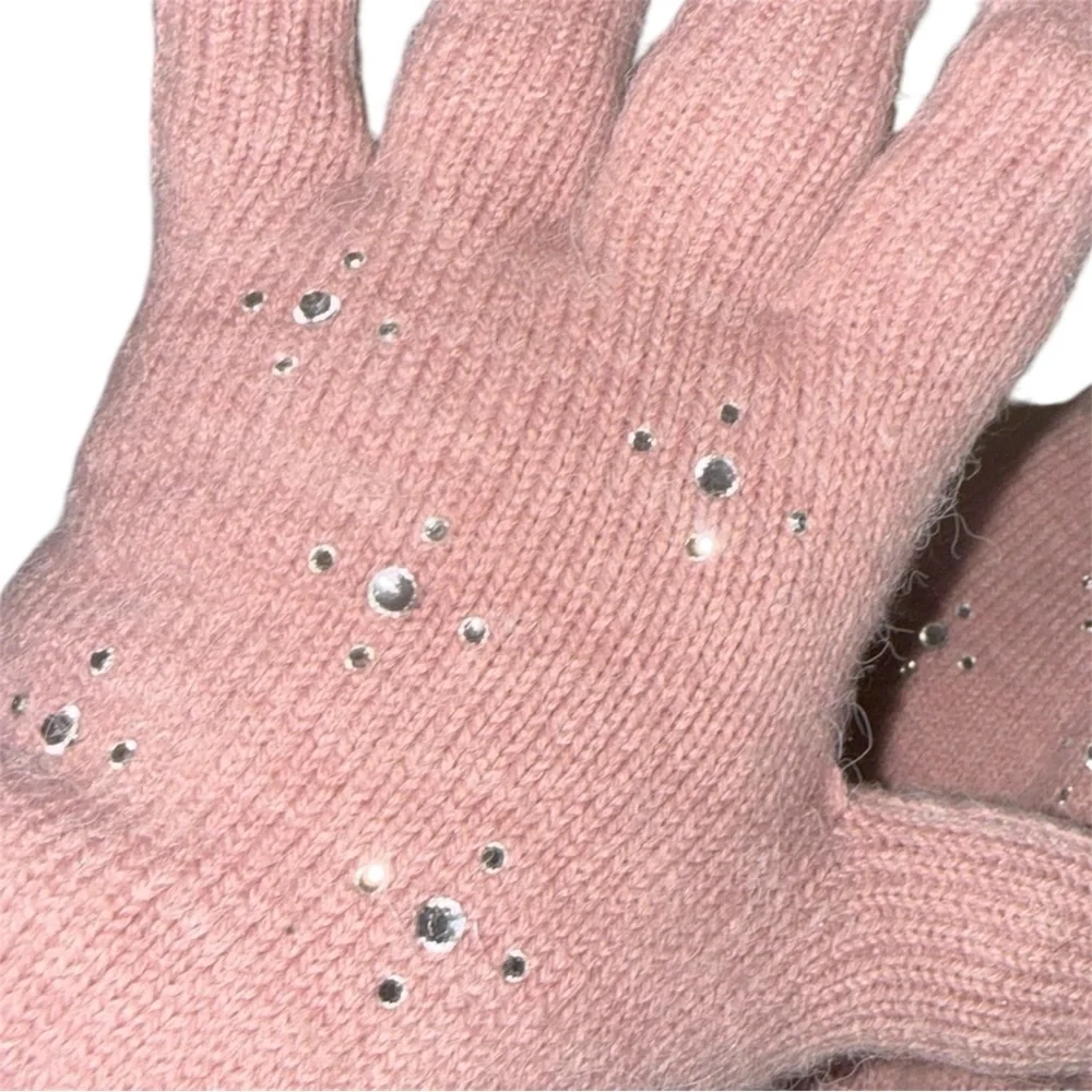 Pink Sparkle Studded Knit Gloves Soft Warm Fleece Lined Winter Cold Weather